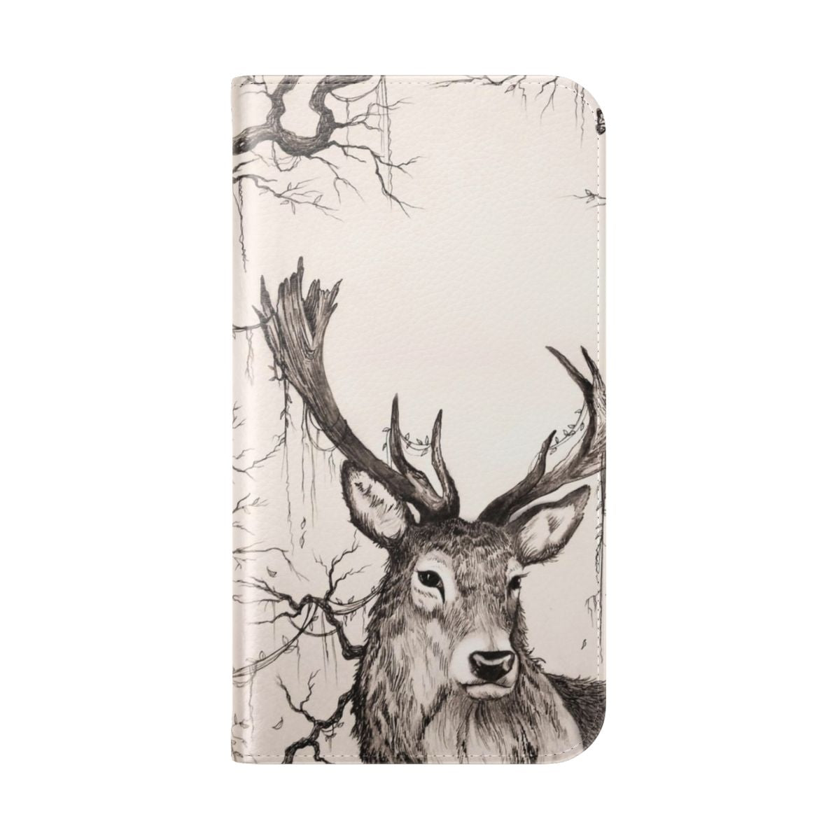 Flip cover phone case featuring a detailed illustration of a stag in a lush, sleeping forest with butterflies and flora. - Folded Back