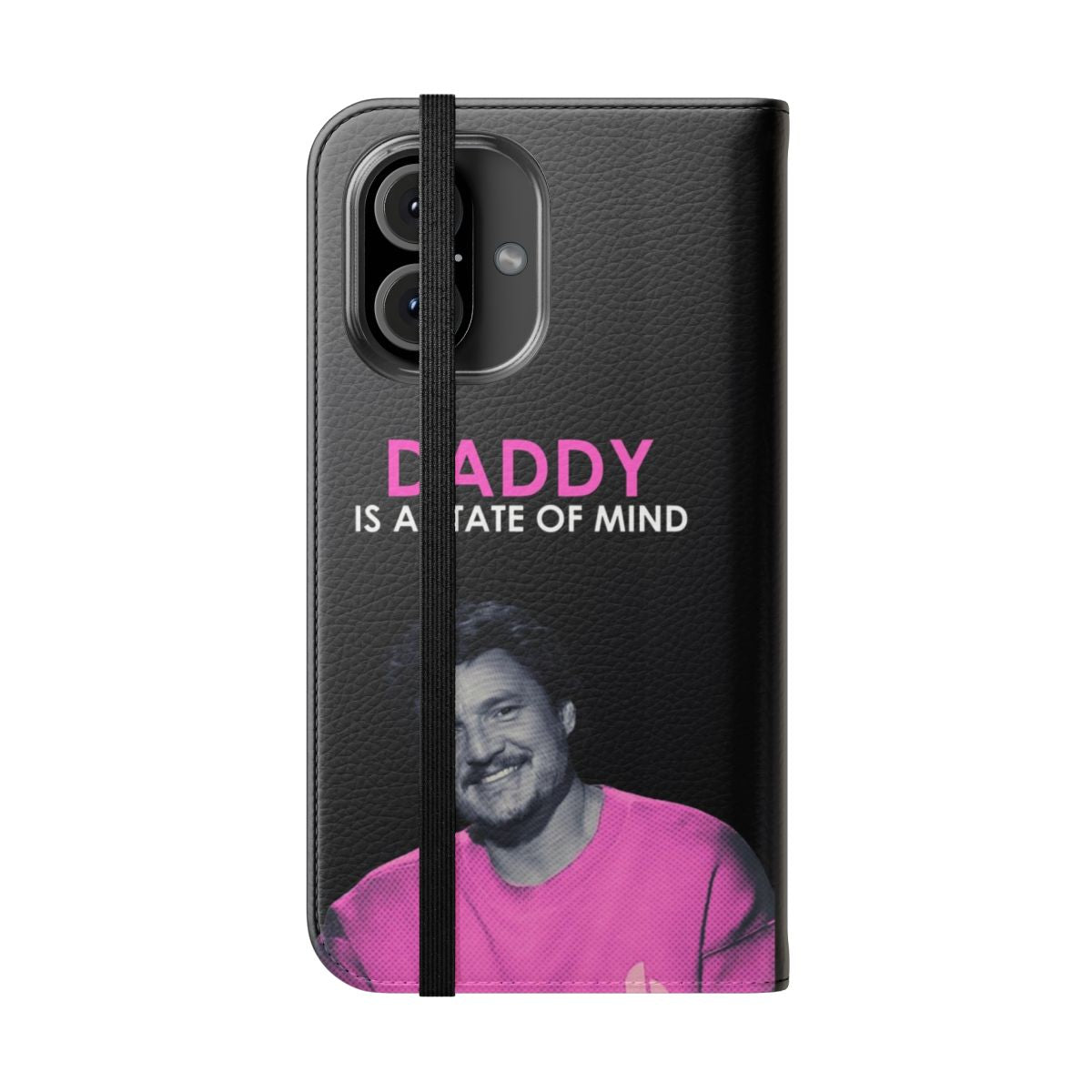 Colorful and trendy phone case featuring an illustration of Pedro Pascal with the text 'Daddy' - Folded Front