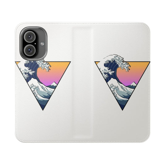 Aesthetic flip cover phone case featuring Hokusai's iconic Great Wave of Kanagawa design.