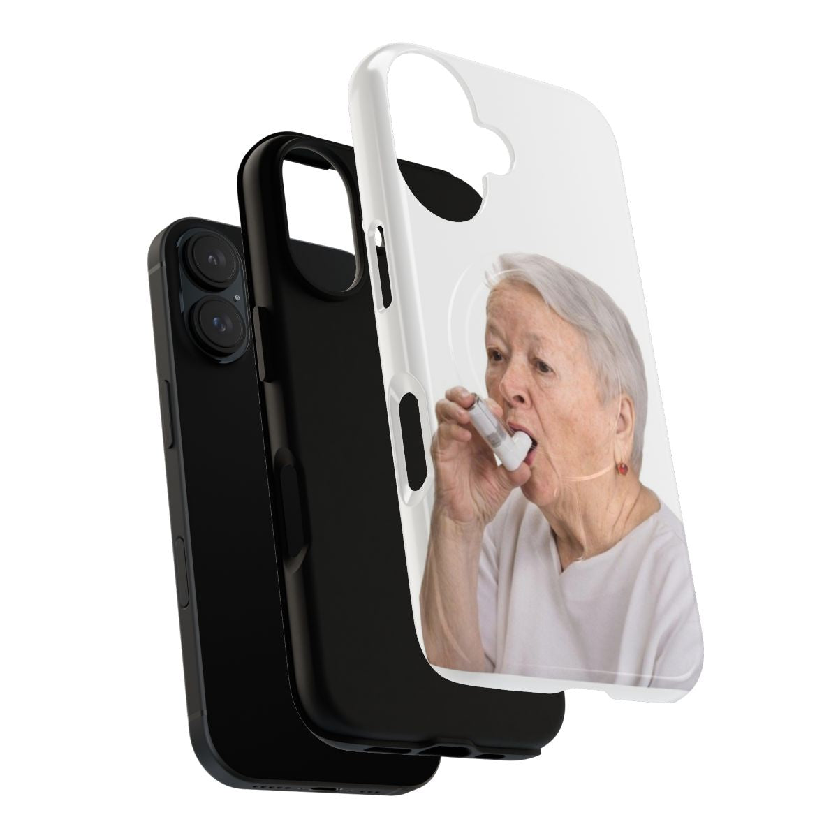 Funny phone case design featuring an old woman using an inhaler - Layers