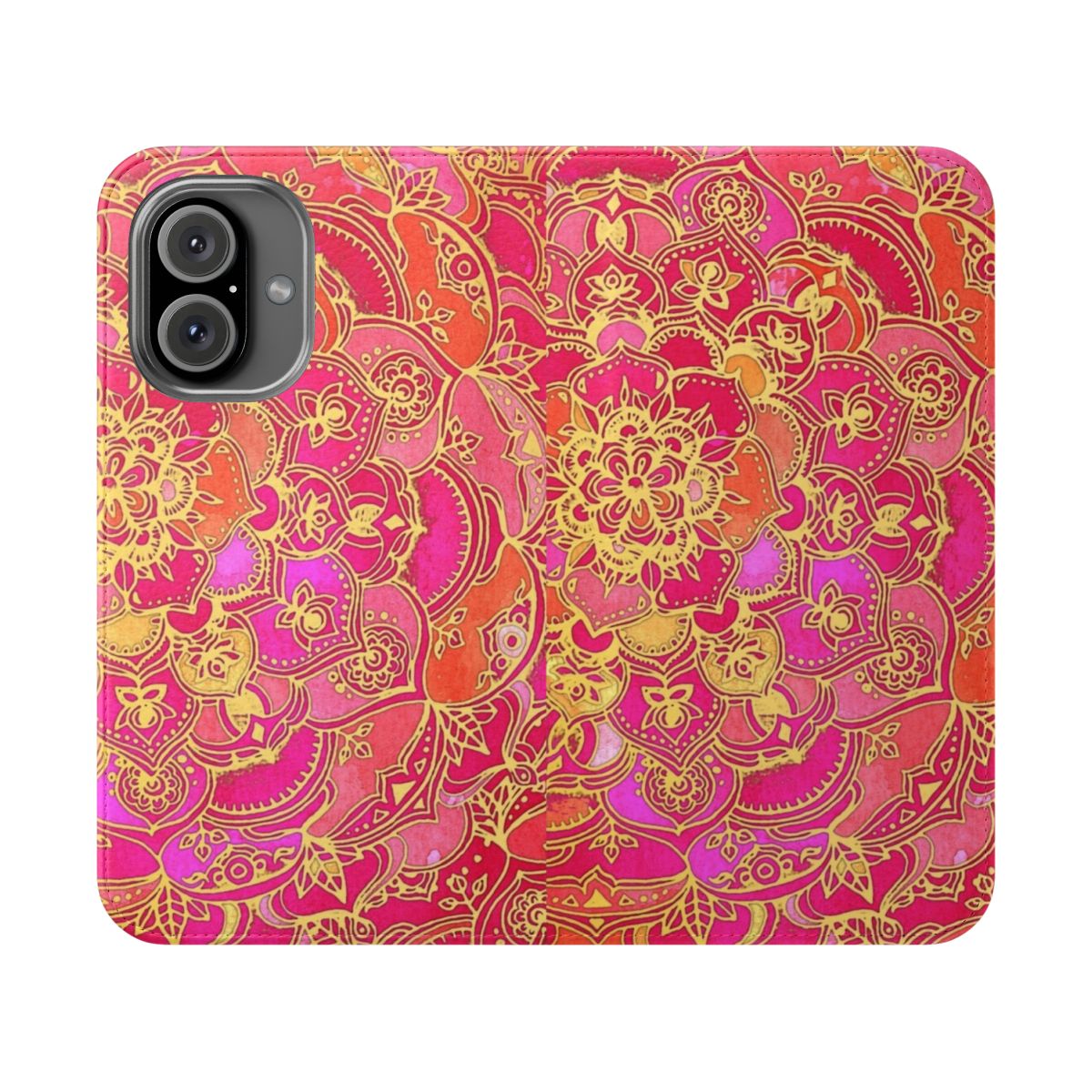 Closeup of a vibrant, bohemian-style floral phone case cover in shades of pink, gold, and orange.