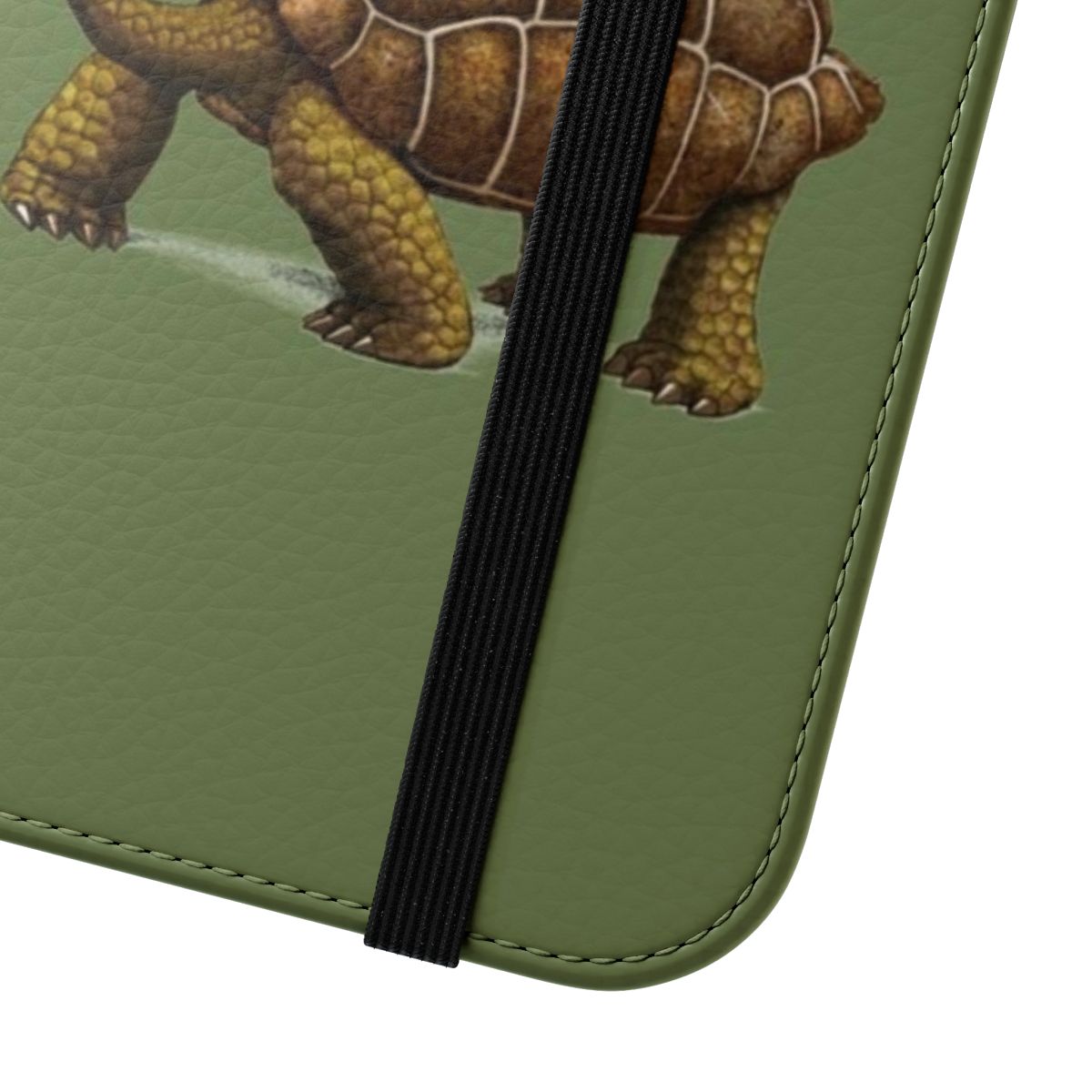 A flip cover phone case featuring a relaxed sloth riding a slow-moving turtle or tortoise in earth-toned colors. - Close Up