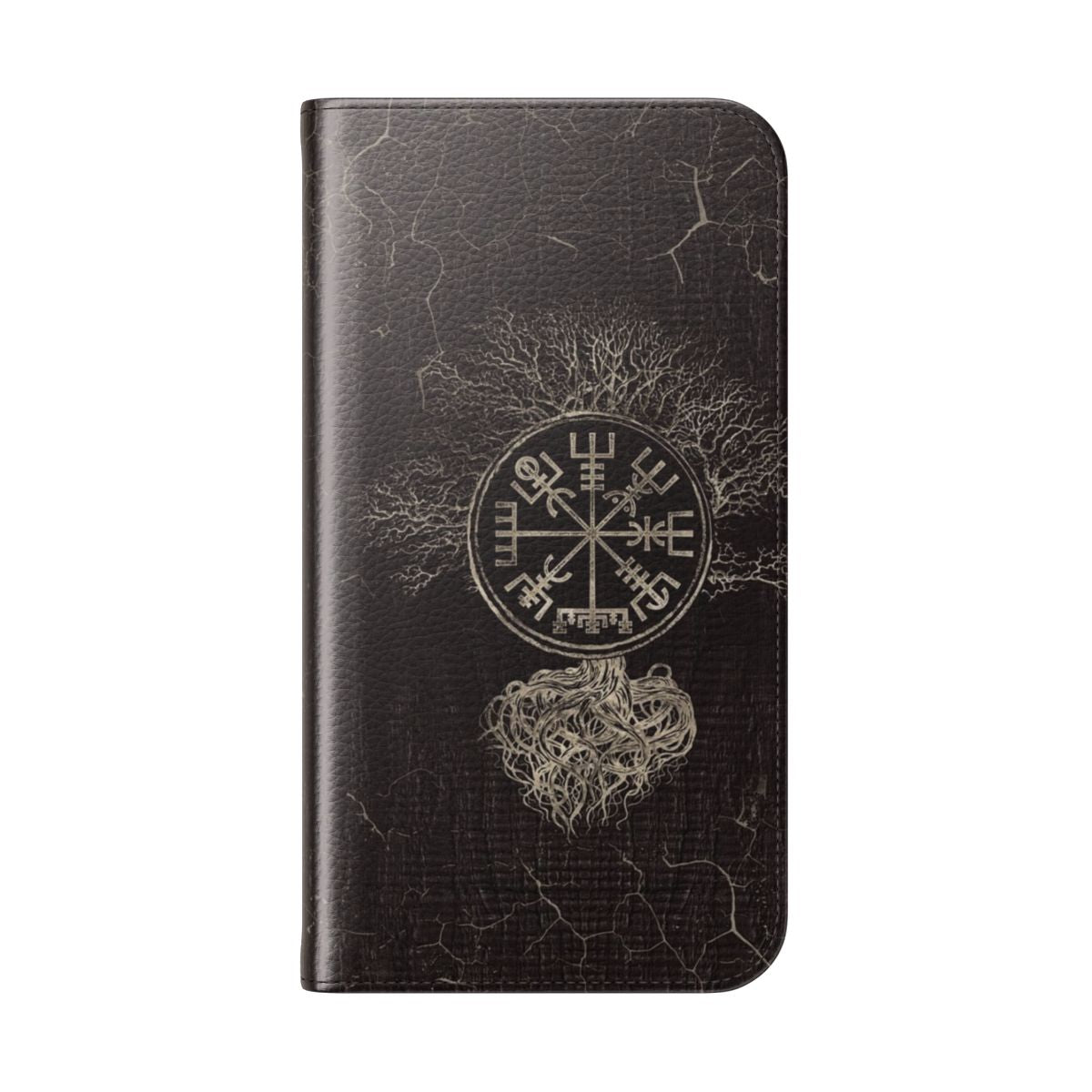 Flip phone case featuring the Vegvisir (Viking compass) and Yggdrasil (Tree of Life) designs - Folded Back