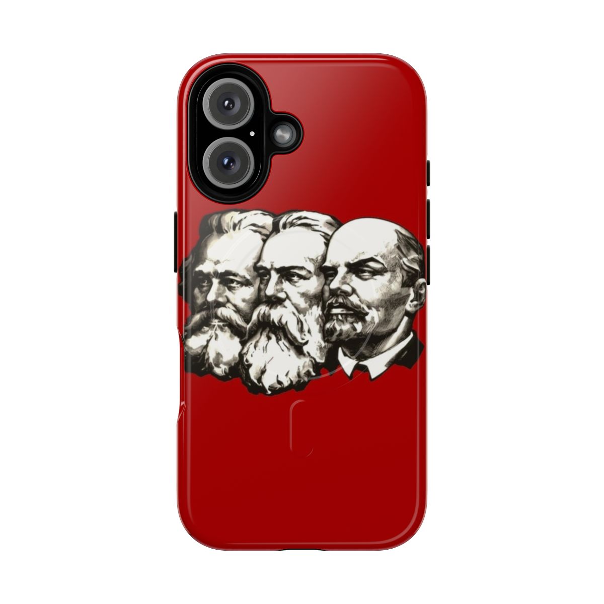 Vintage Marxist revolution phone case featuring Soviet propaganda icons Marx, Engels, and Lenin