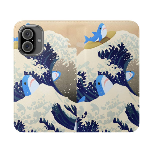 Kawaii shark-themed flip cover phone case with an artistic wave design inspired by the iconic "The Great Wave off Kanagawa" artwork.