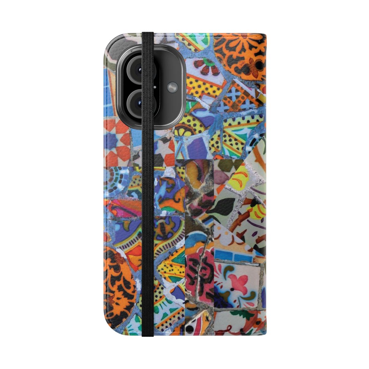 Colorful artistic phone case with vibrant geometric and organic pattern design inspired by Spanish art. - Folded Front