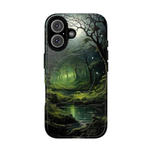 Artistic phone case featuring a magical fairy forest landscape with trees, lights, and a mystical atmosphere.