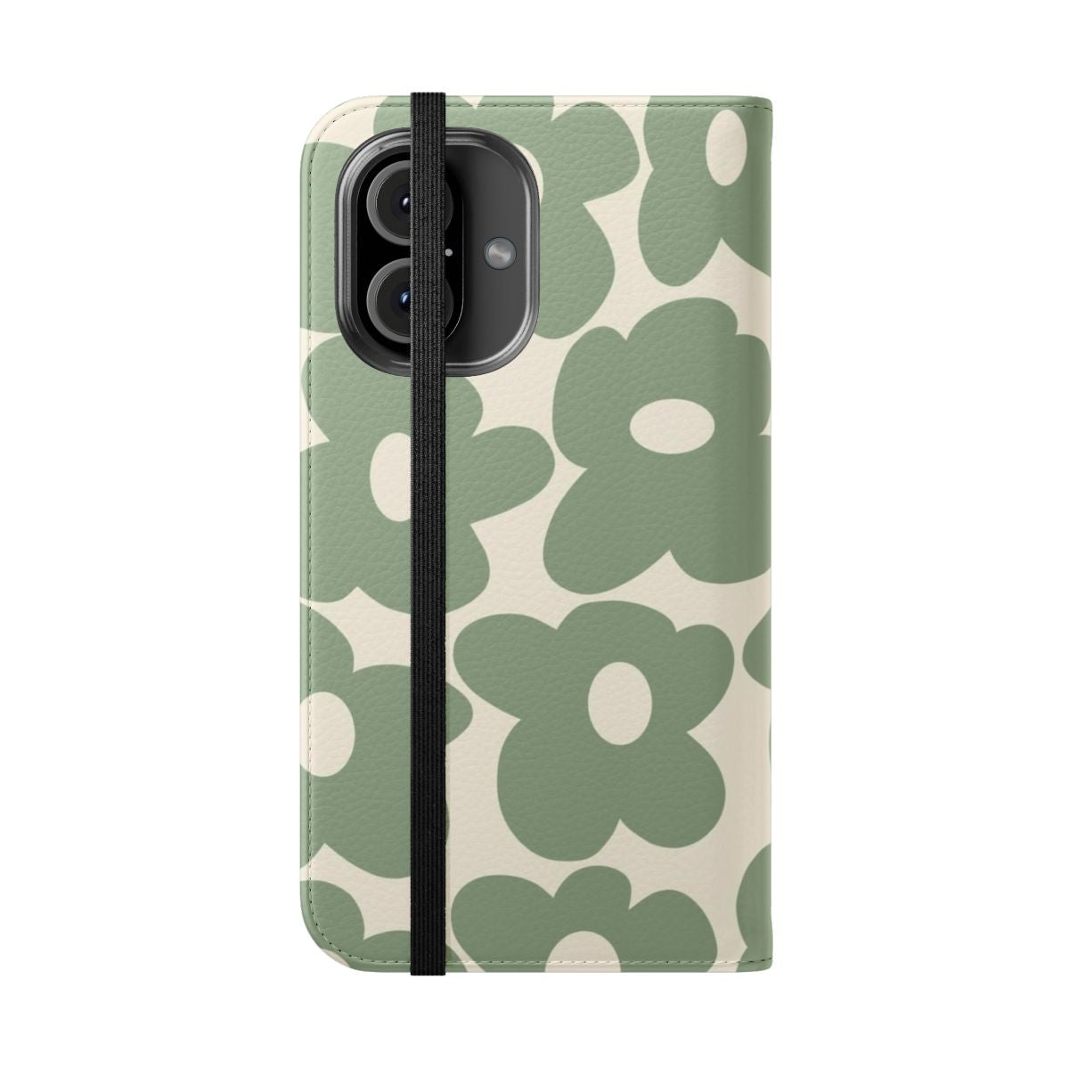 Sage green phone case with groovy, retro-inspired floral design - Folded Front