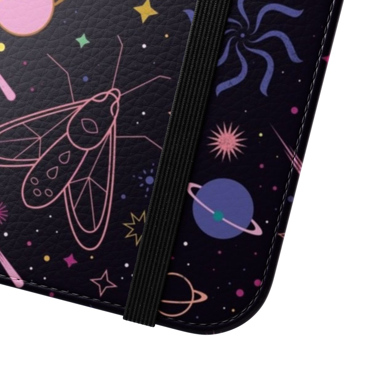 A close-up image of a decorative phone case featuring a galaxy and insect pattern design - Close Up