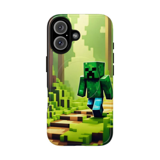 Pixel art creeper design on a durable, magnetic phone case