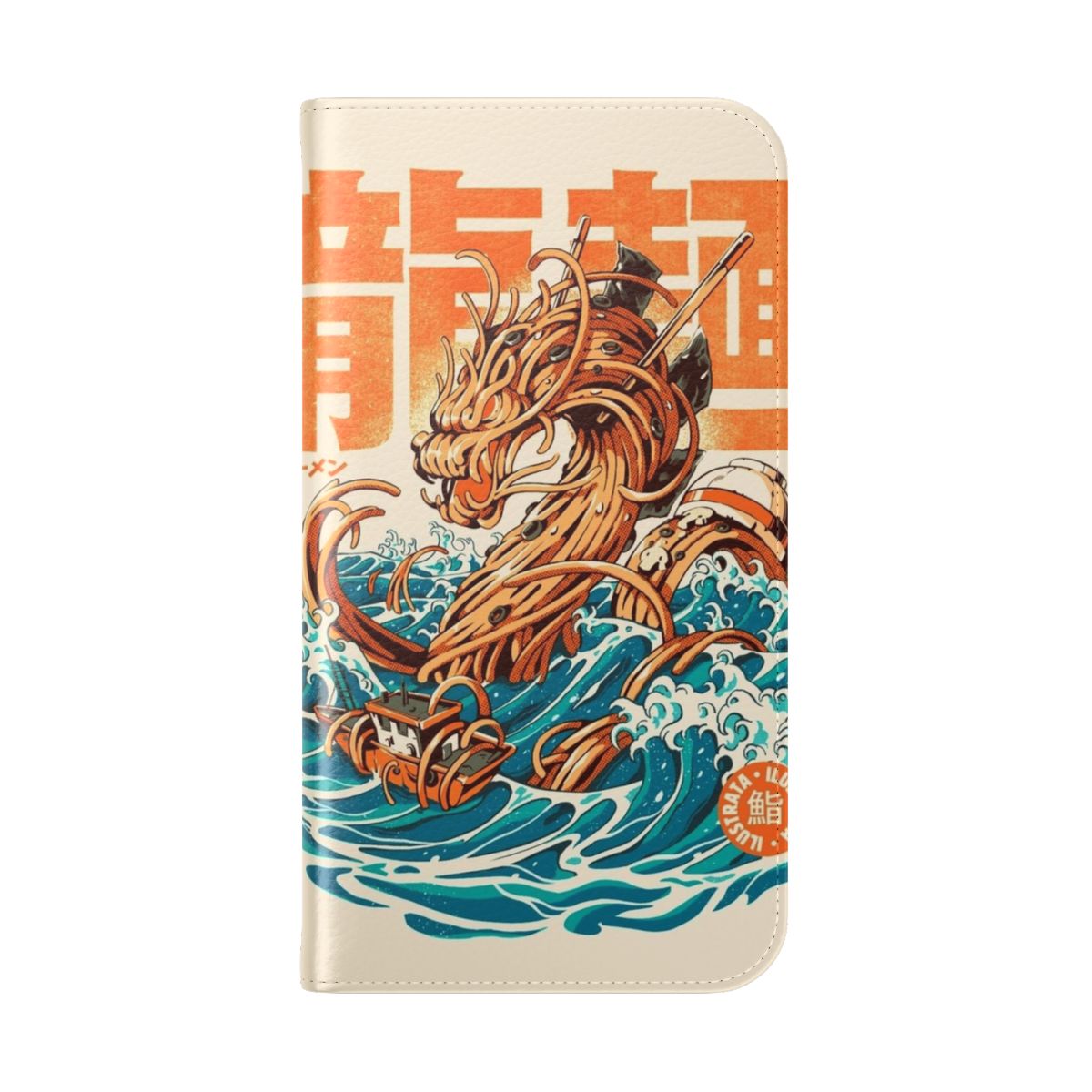 Flip cover phone case featuring a ramen dragon inspired by the famous Japanese art of Hokusai's "The Great Wave off Kanagawa" - Folded Back