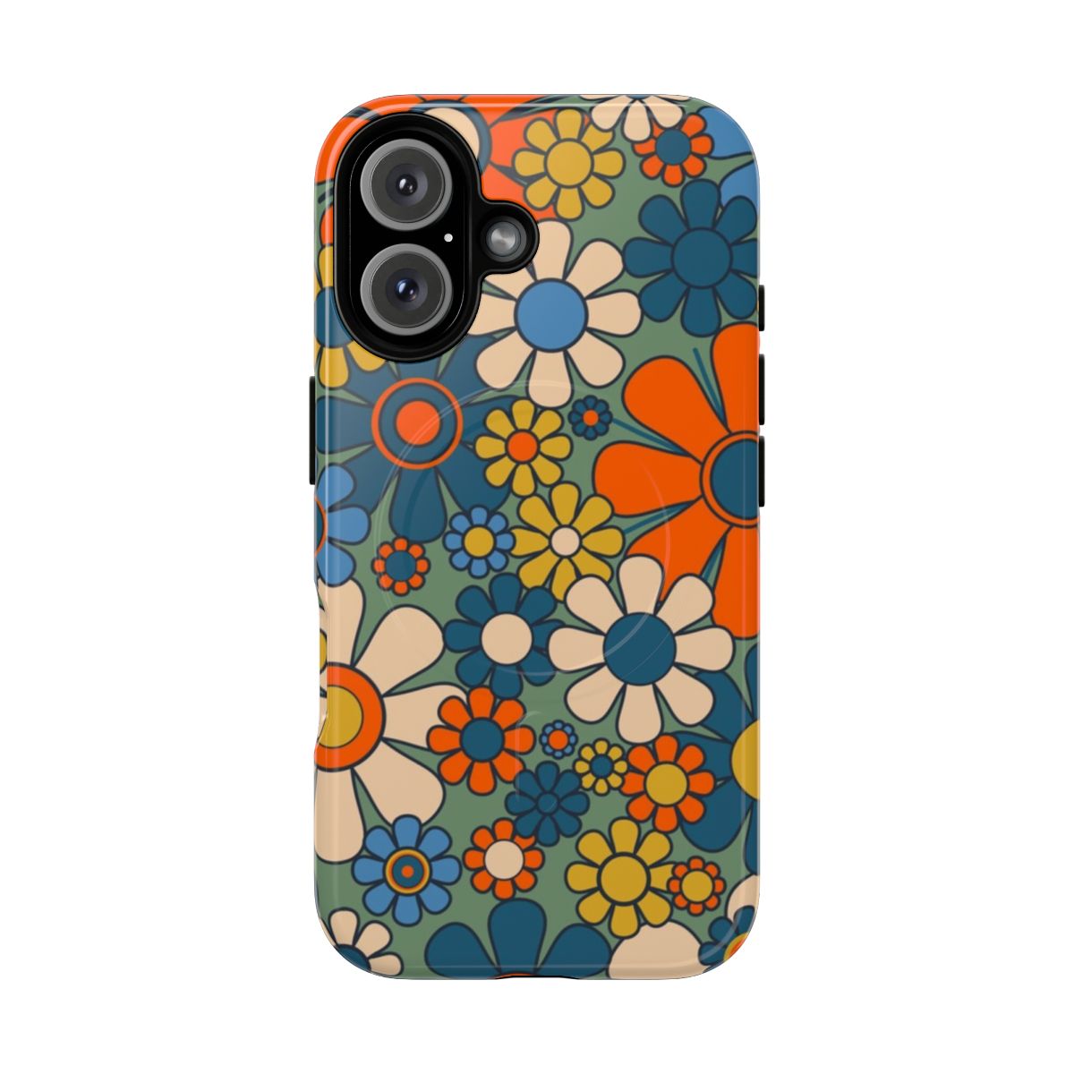 Retro floral pattern phone case featuring a multicolor 1960s 1970s botanical design