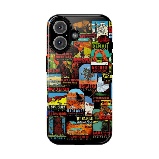 Vintage travel national park themed phone case with collage of retro decals and graffiti-style graphics.