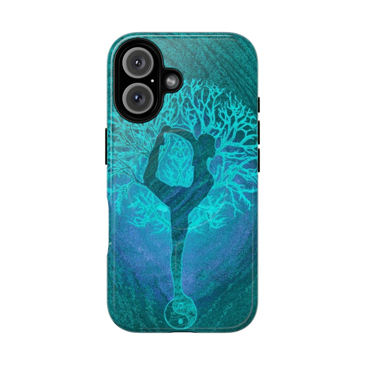 Tree of Life yoga phone case with teal and aqua colors depicting a tree in a yoga pose for balance and harmony