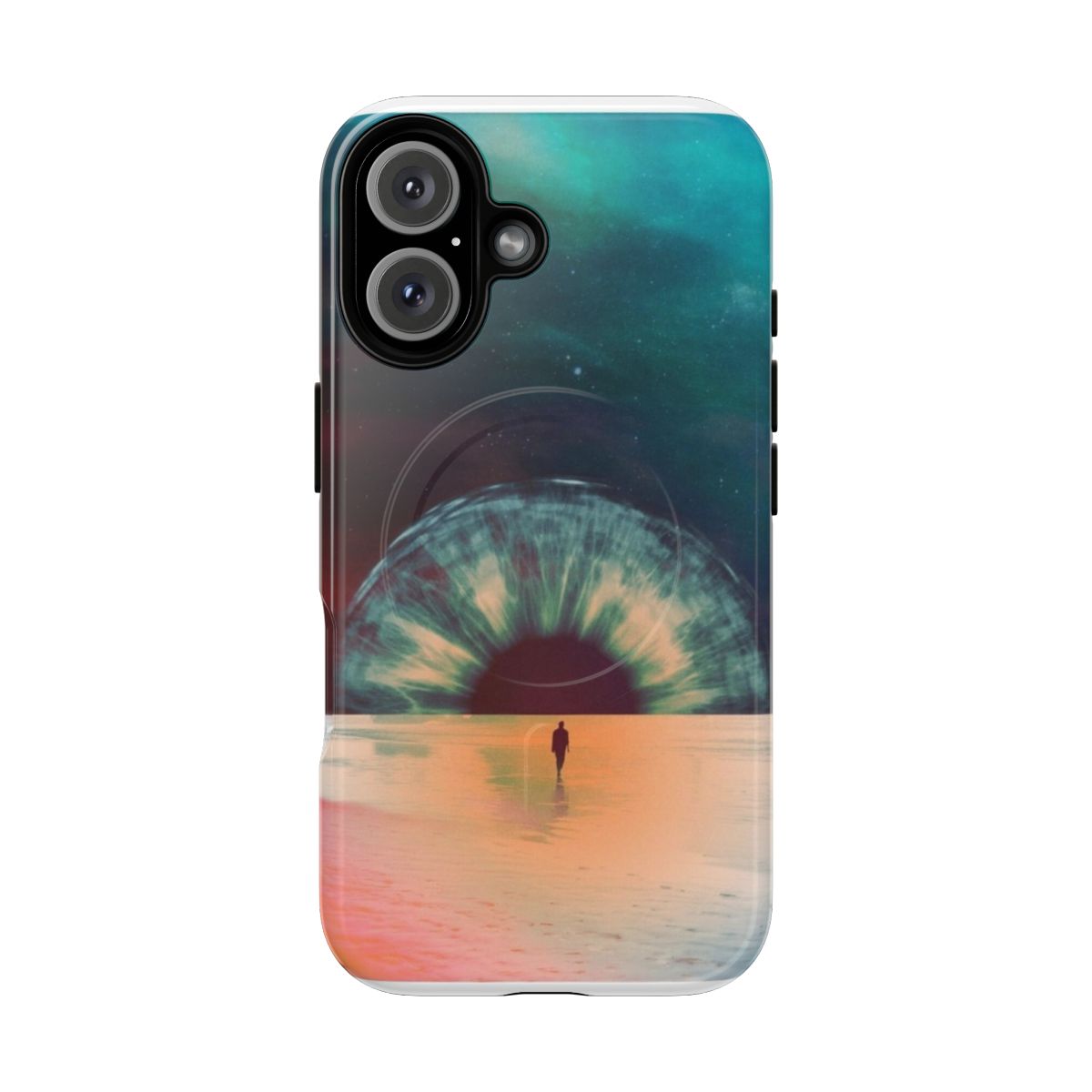 Magnetic tough phone cases featuring a vintage, surreal collage design with cosmic, nature, and boho elements.