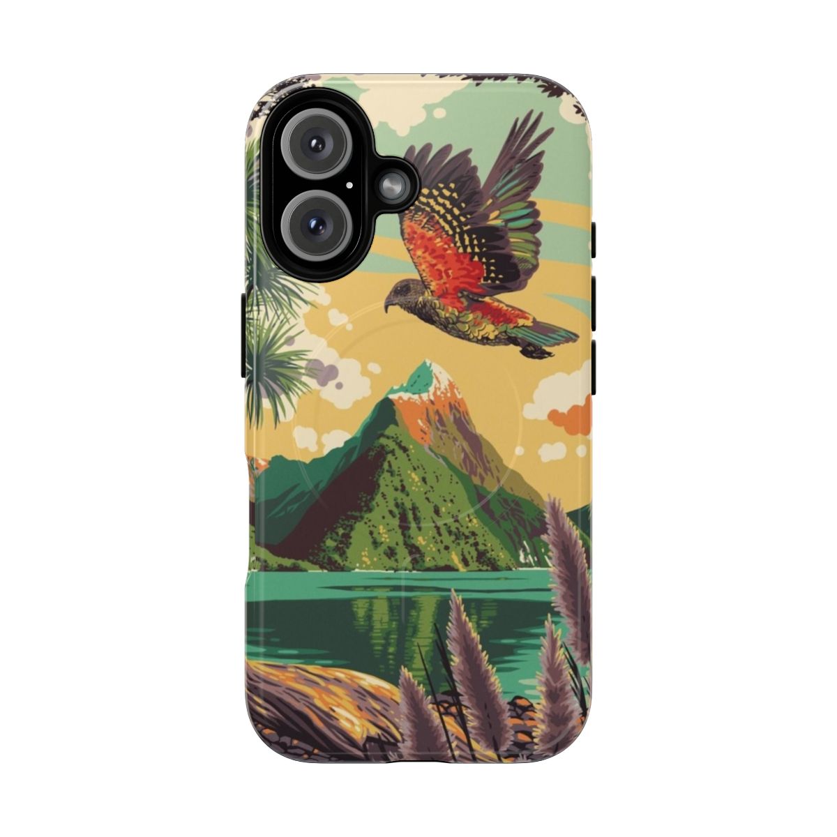 Artistic phone case featuring a vintage-style graphic of Milford Sound, New Zealand