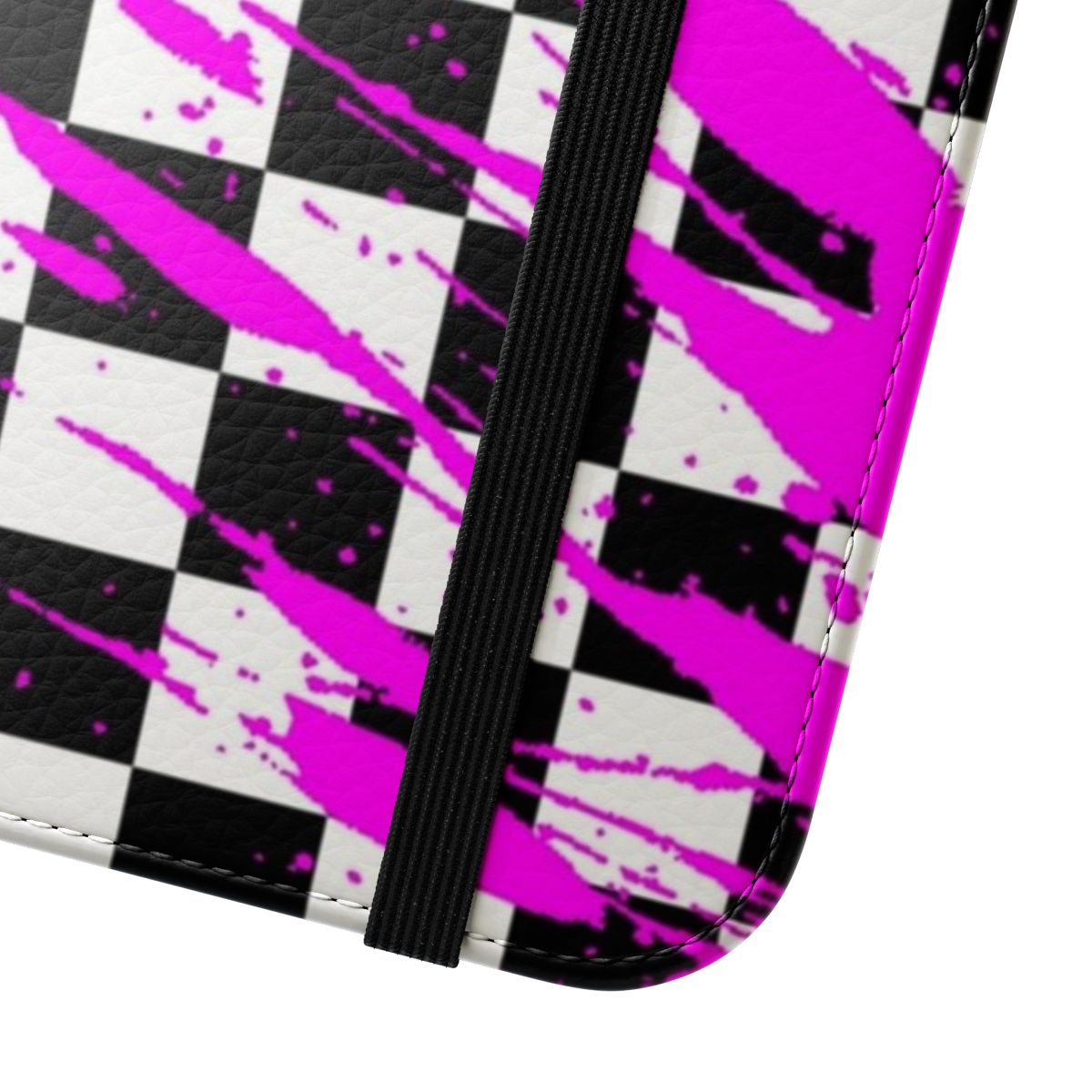 Kokichi-themed flip cover phone case with a check pattern design - Close Up