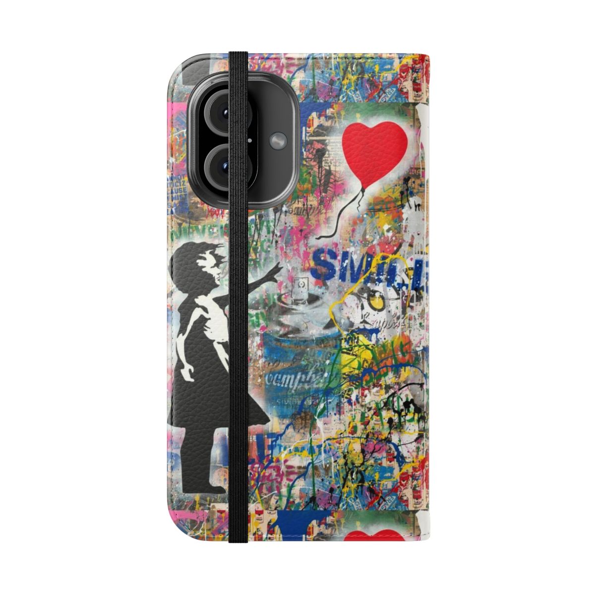 Artistic flip phone case with a mashup of urban contemporary street art styles, including stencil, spray paint and iconic imagery. - Folded Front