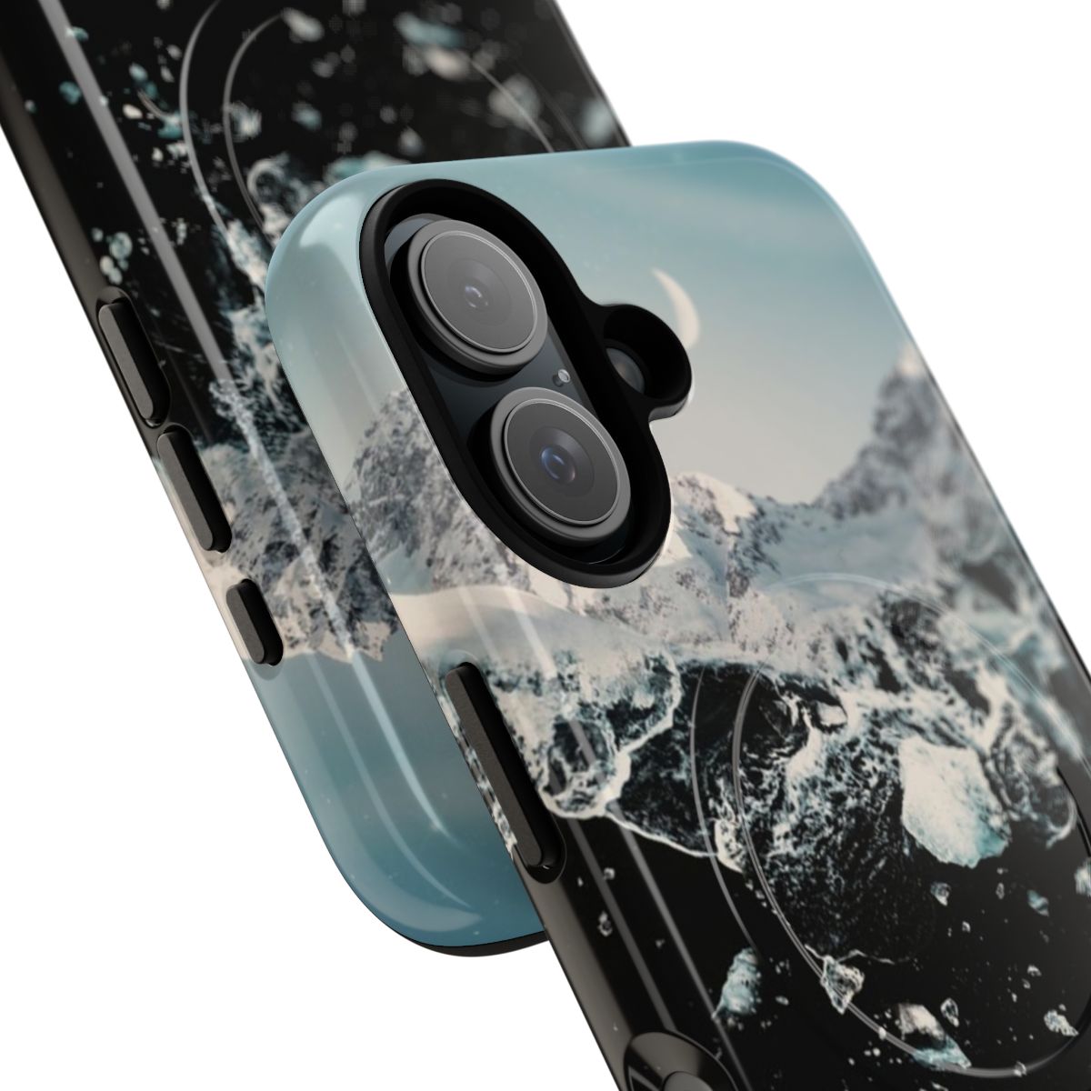 A phone case featuring a surreal, cosmic landscape with an astronaut and celestial bodies. - Detail