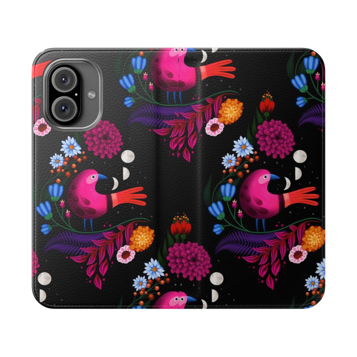 Flip cover phone case with a minimalist, graphical night sky and floral design