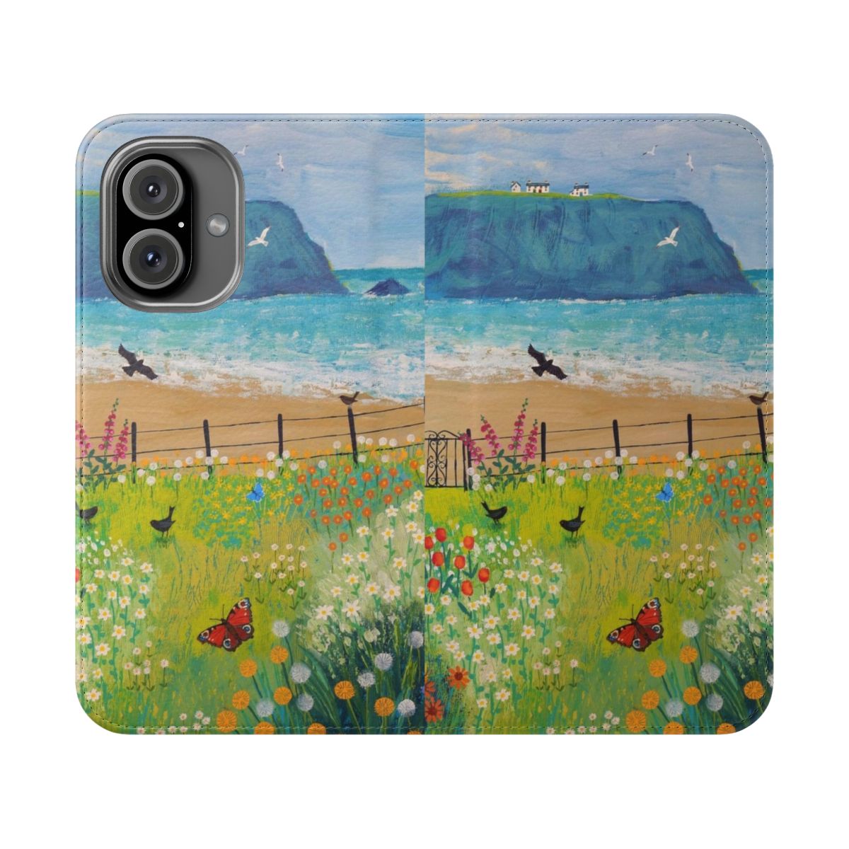 Flip cover phone case featuring a vibrant nature scene with flowers, birds, and the sea