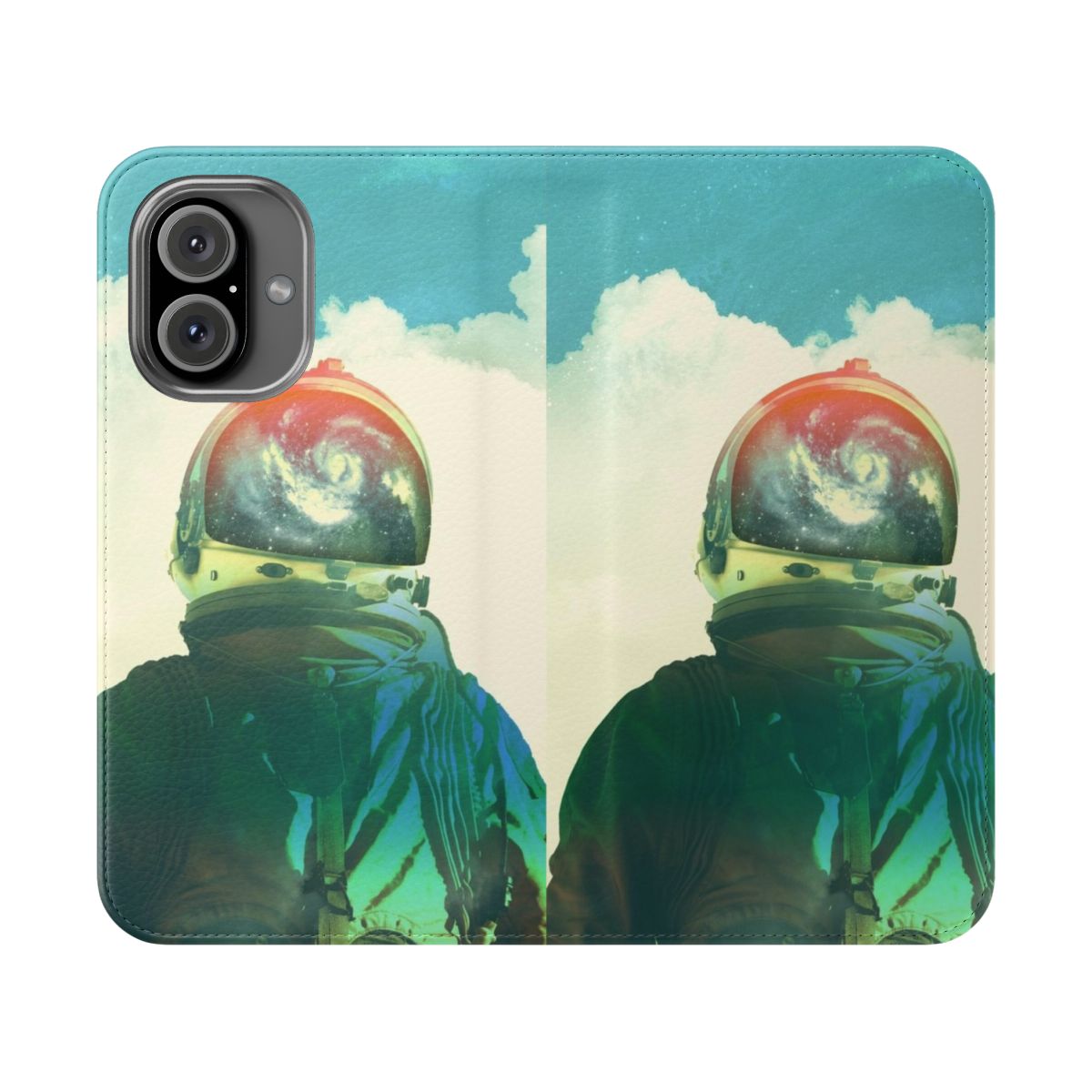 Flip phone case featuring a space-themed collage design with an astronaut, planets, and cosmic elements.