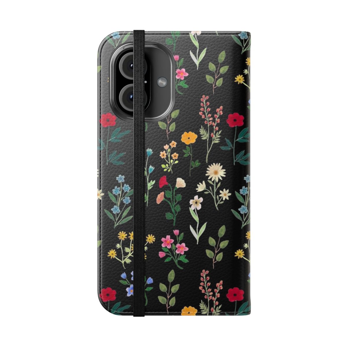 Closeup of a black flip cover phone case featuring a vibrant floral pattern design. - Folded Front