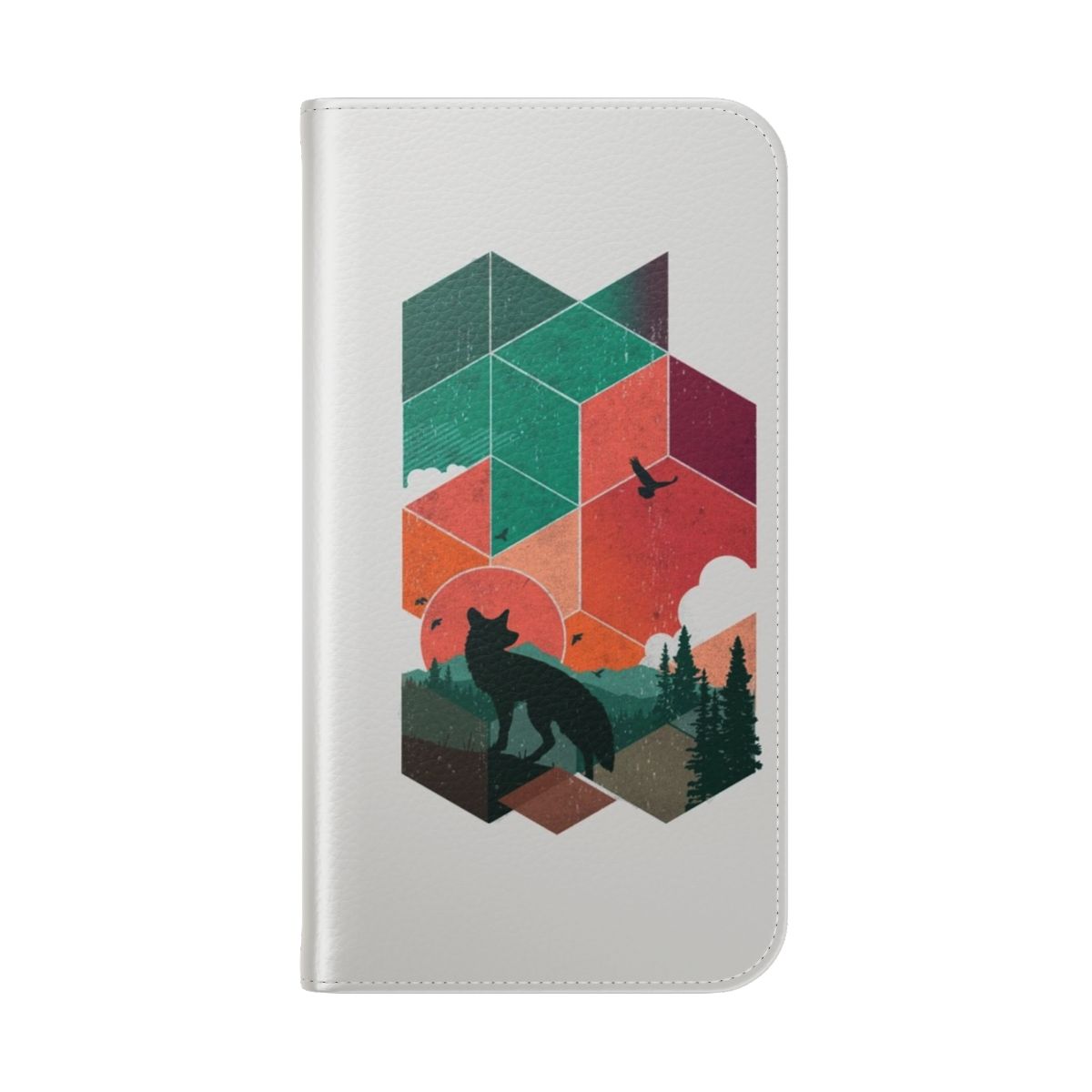 A natural, geometric-themed phone case featuring a fox silhouette against a colorful sunset. - Folded Back