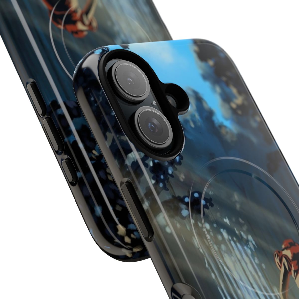 Magnetic tough phone case with a painting depicting a mountain biker riding through a forest landscape. - Detail