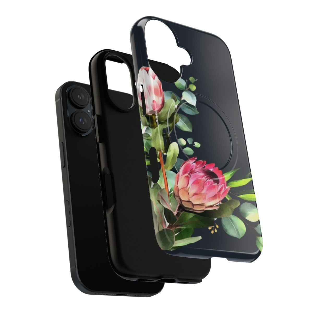 Phone case featuring a modern floral design with pink and blue native flowers - Layers