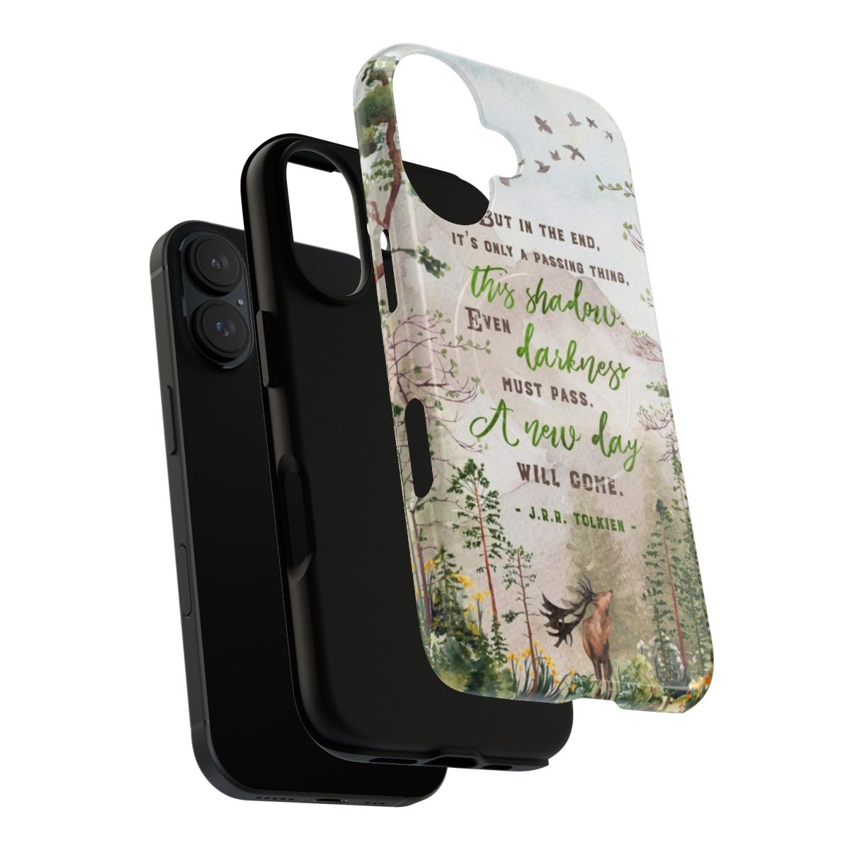 Magnetic tough phone case featuring a nature-inspired watercolor design with trees, leaves, and greenery - Layers