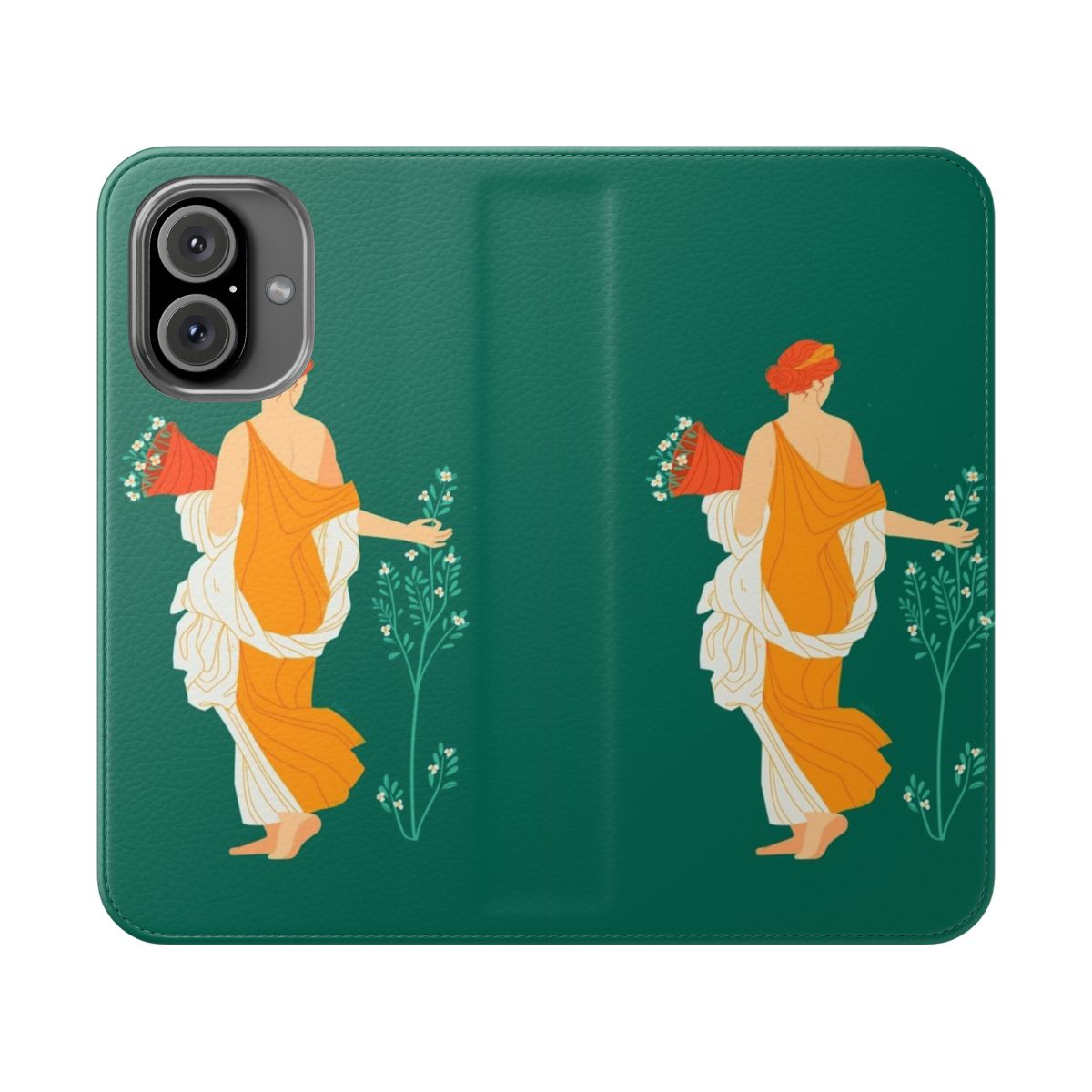 Flip cover phone case featuring a botanical design inspired by ancient Roman art and history.