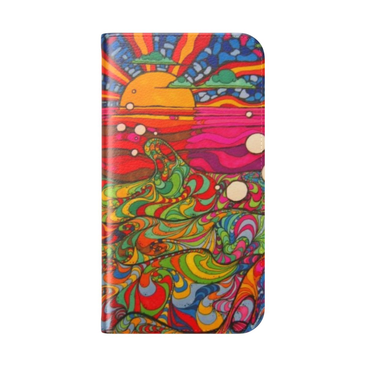 Colorful psychedelic trippy hippie-style phone case with abstract geometric patterns - Folded Back