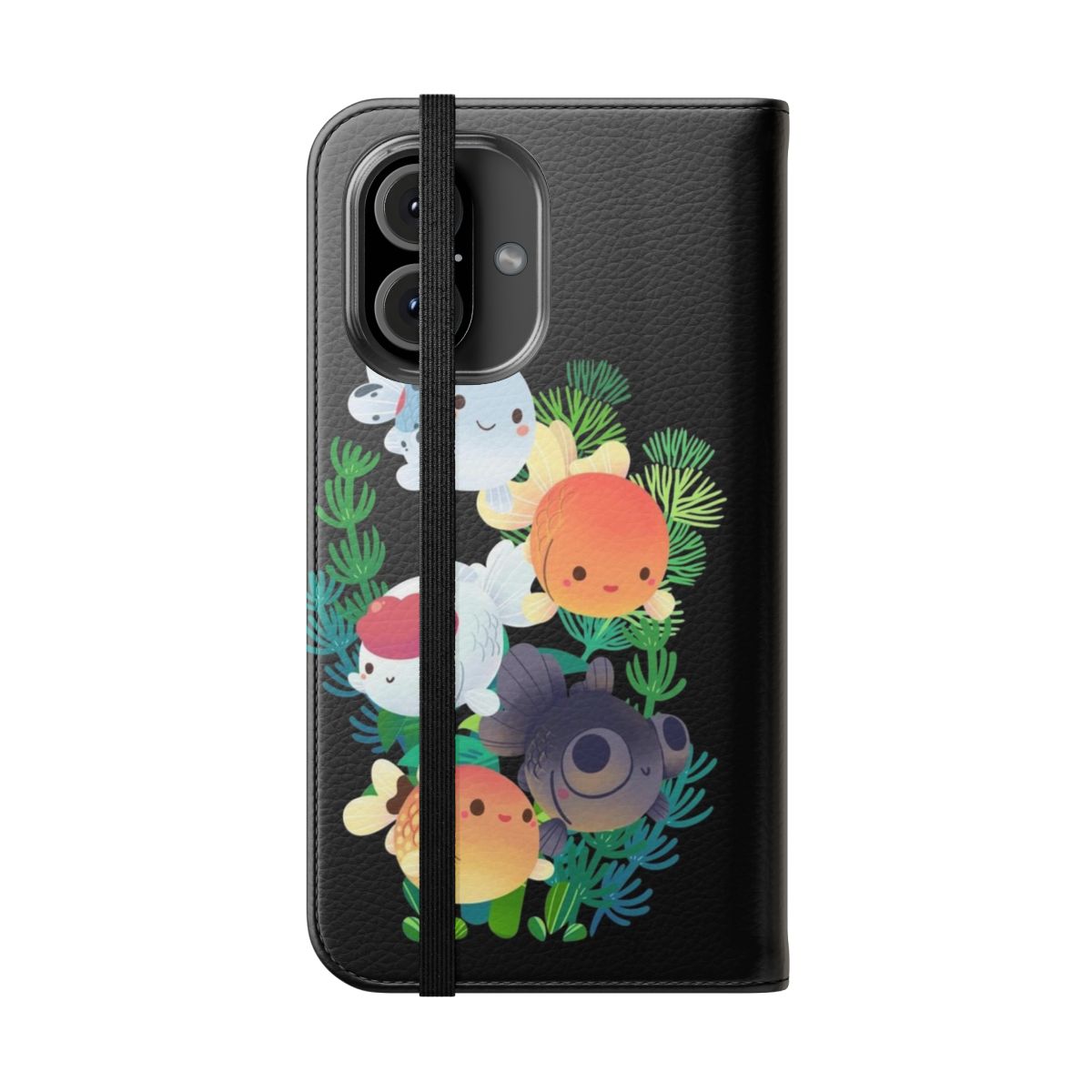 A vibrant phone case featuring a group of colorful goldfish swimming in an aquarium. - Folded Front