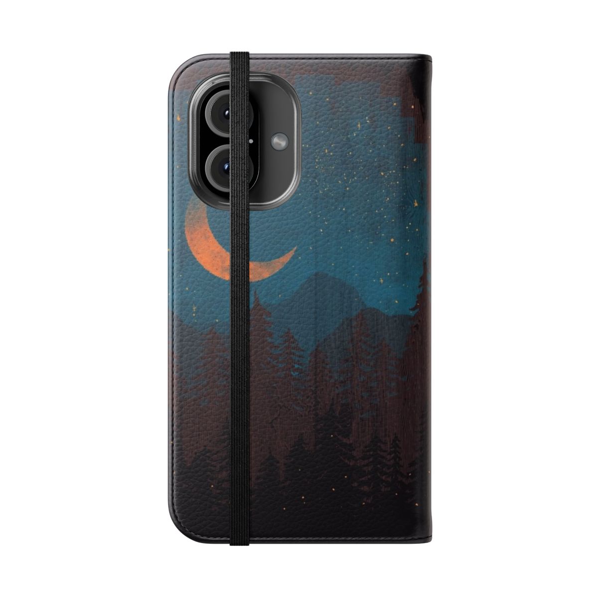 A flip phone case featuring a serene nightscape with mountains, stars, and fireflies. - Folded Front