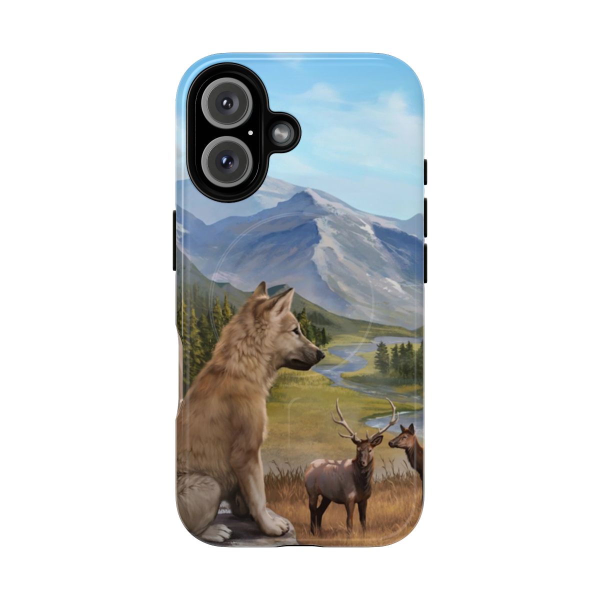 A durable phone case with a wildlife-inspired design, featuring mountains, trees, and animals.