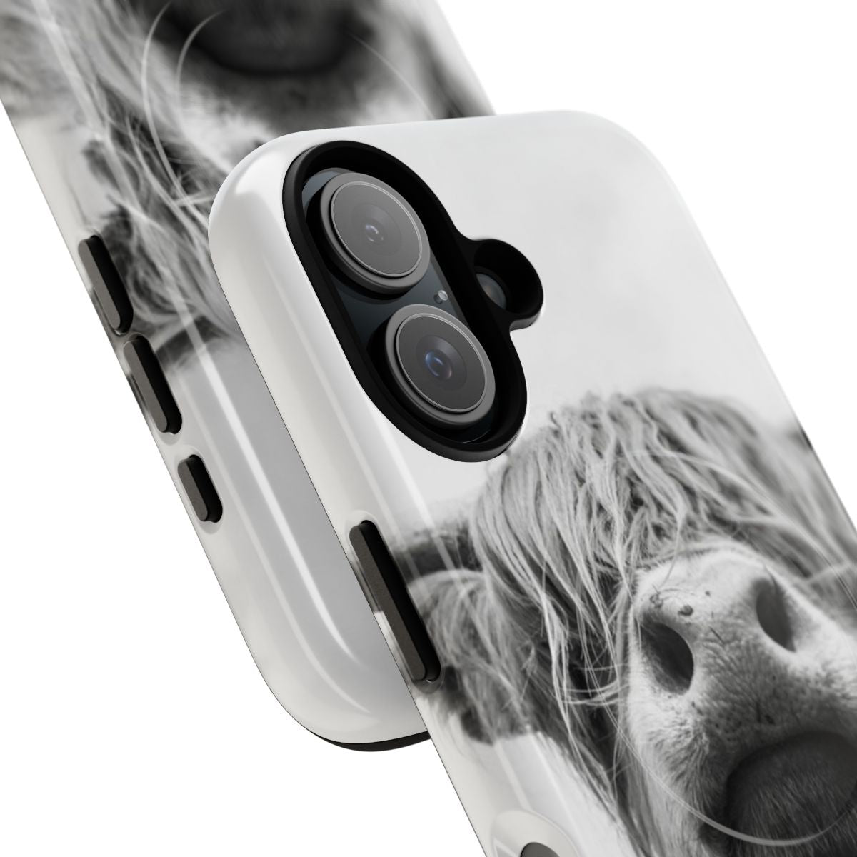 Artistic black and white illustration of a highland cow on a durable and protective phone case - Detail