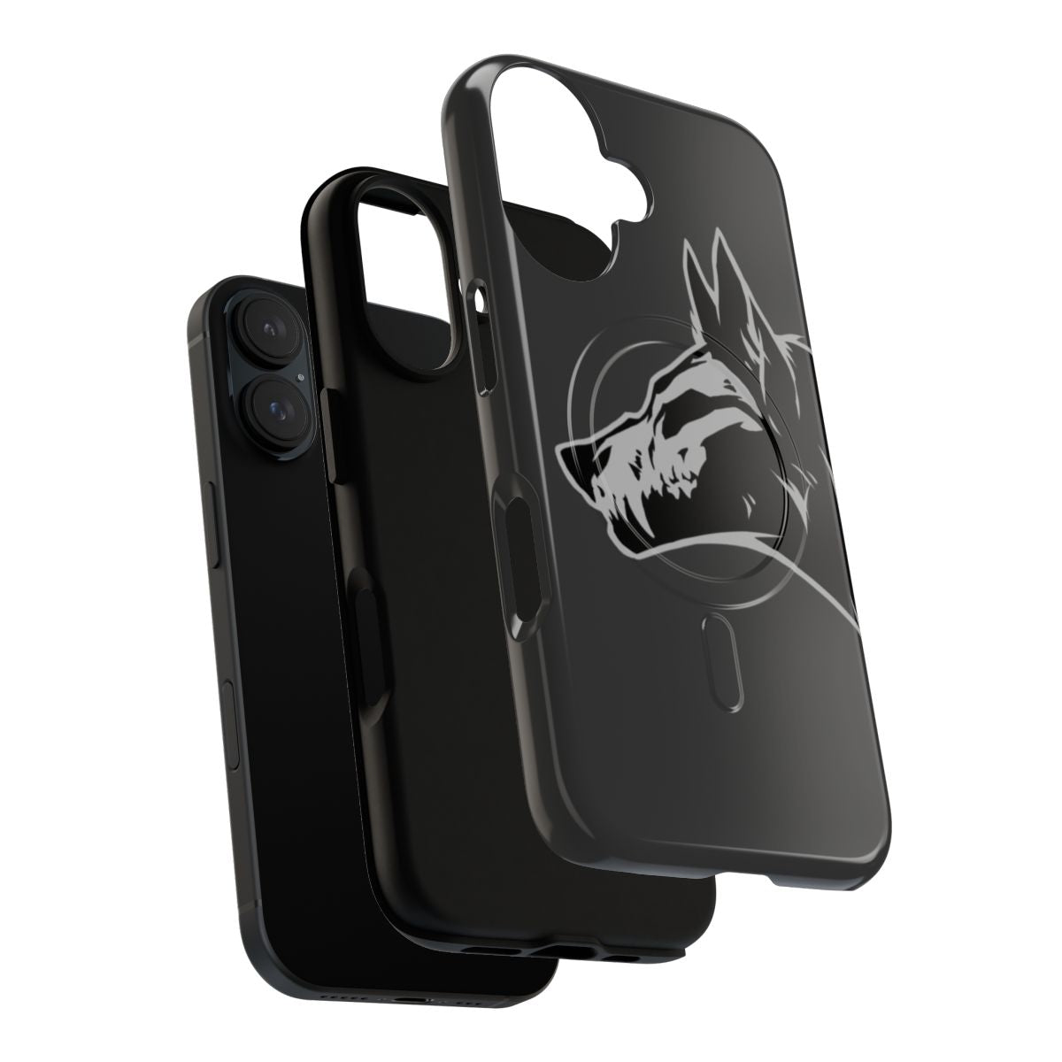 A black phone case with a detailed wolf skull design - Layers