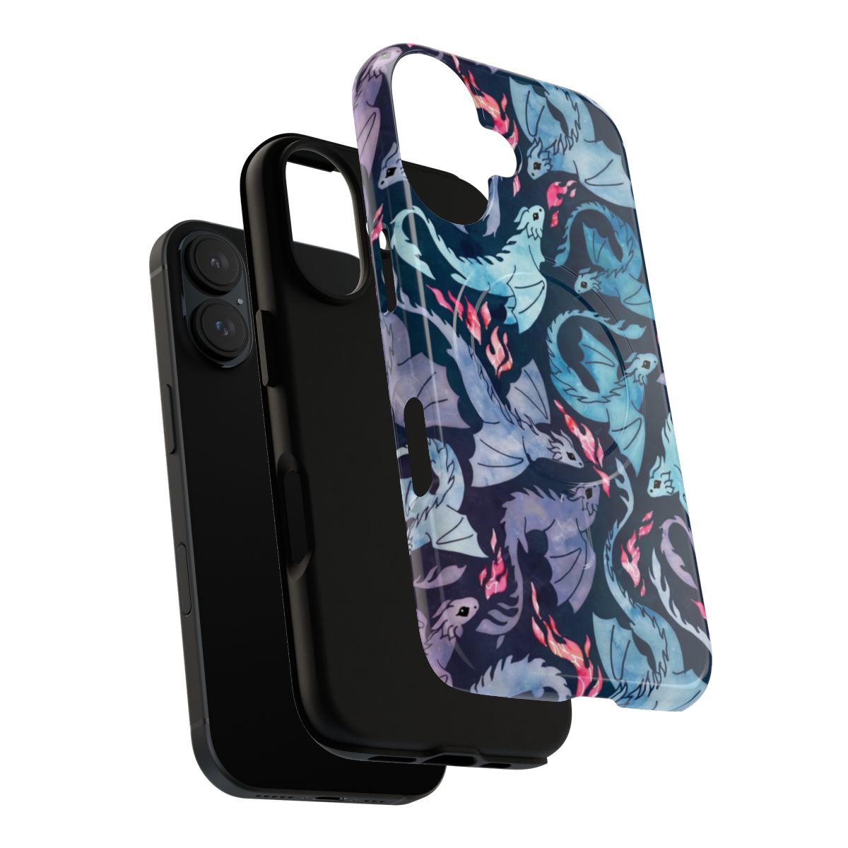 Watercolor illustration of a dragon breathing fire on a dark turquoise and purple phone case - Layers