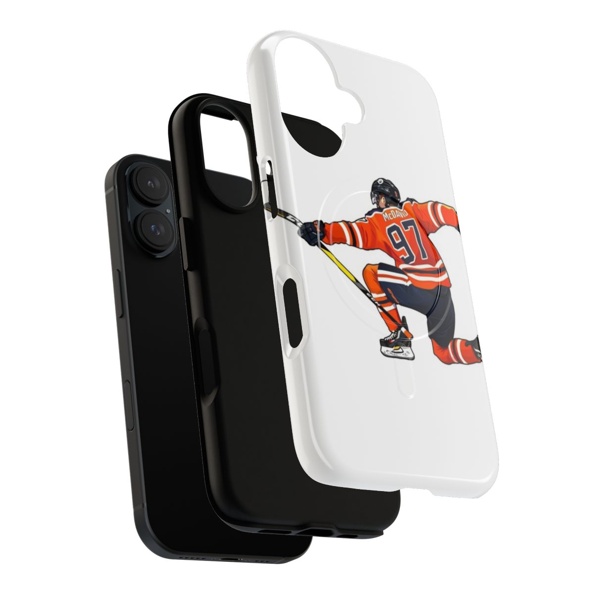 Magnetic phone case with artwork of Edmonton Oilers hockey player Connor McDavid celebrating - Layers