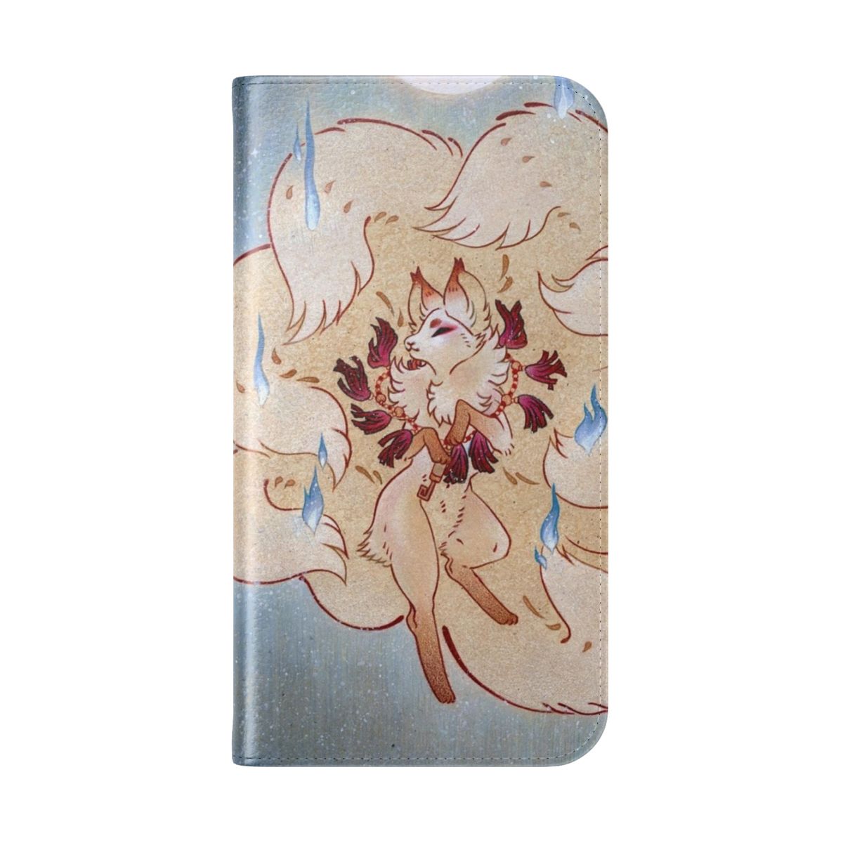 Stunning watercolor and color pencil illustration of a nine-tailed kitsune fox against a crescent moon and starry night sky, featured on a sleek flip cover phone case. - Folded Back