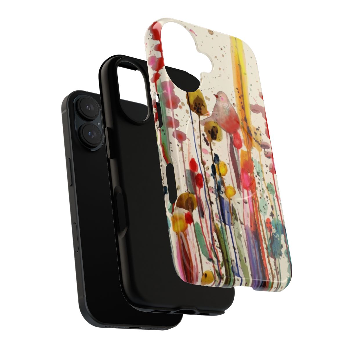 A vibrant and nature-inspired magnetic tough phone case featuring birds, flowers, and a peaceful field. - Layers