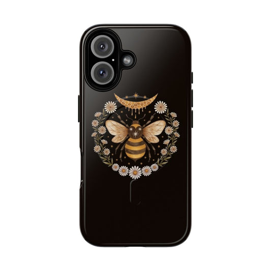 Floral magnetic tough phone case featuring a honeycomb and crescent moon design with bees and flowers