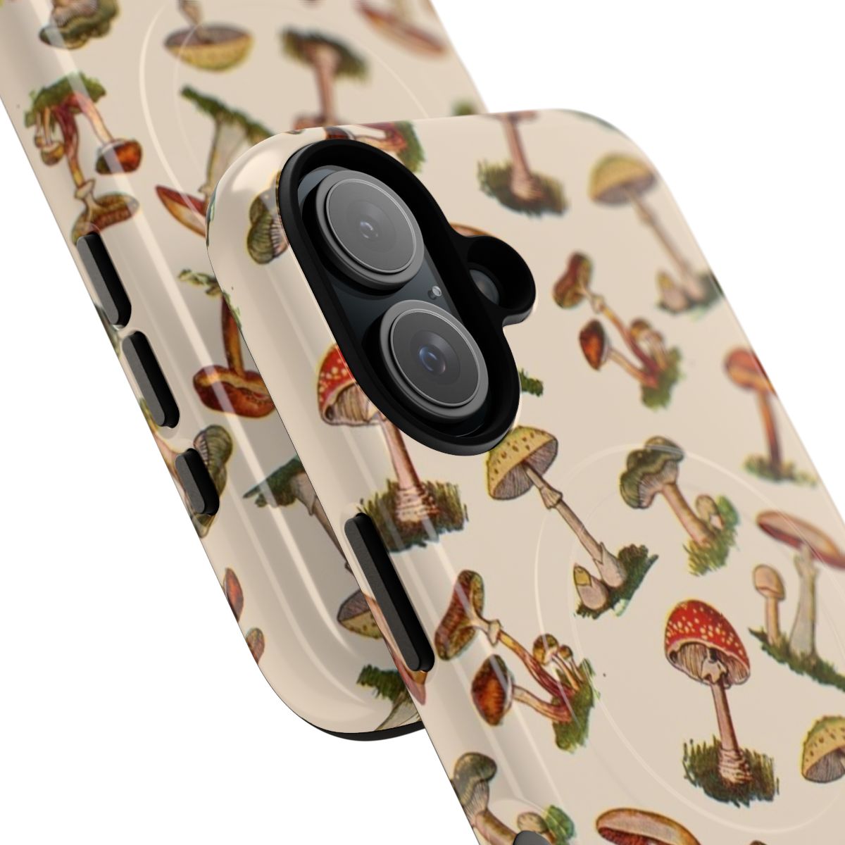 Colorful phone case featuring illustrated magical mushrooms against a backdrop of retro pixel art - Detail