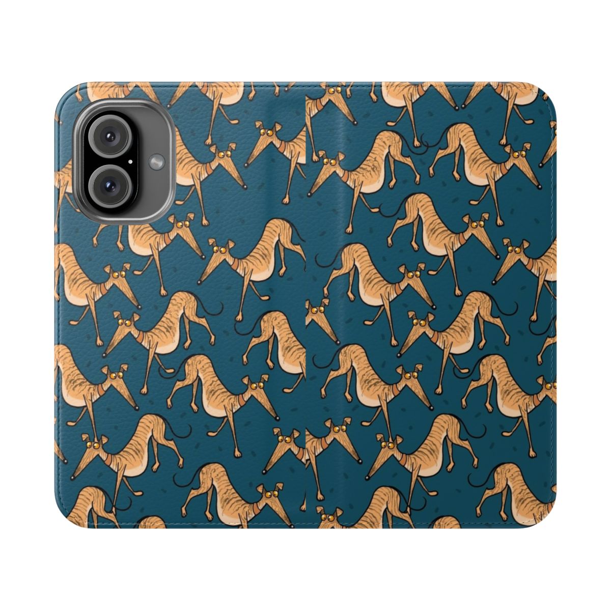 A colorful cartoon-style brindle greyhound, whippet, or lurcher dog on a flip cover phone case.