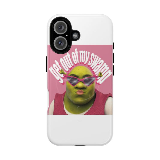 Shrek-themed pink magnetic tough phone case with "Get Out of My Swamp" design