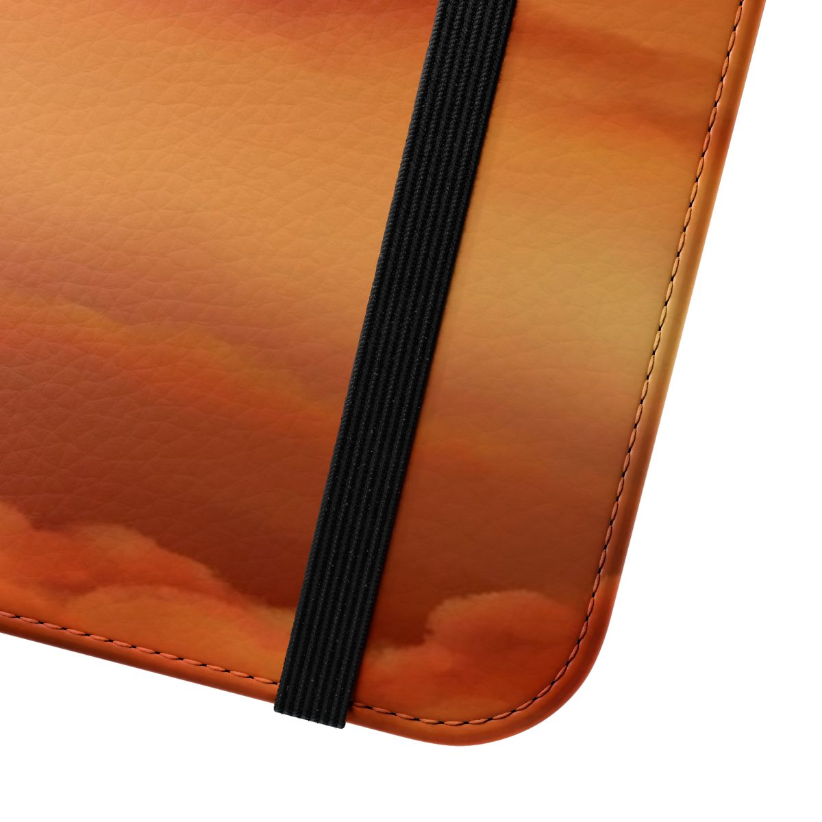 Photo of a phone case with an orange sky, clouds, and silhouettes of a dragon and rider - Close Up