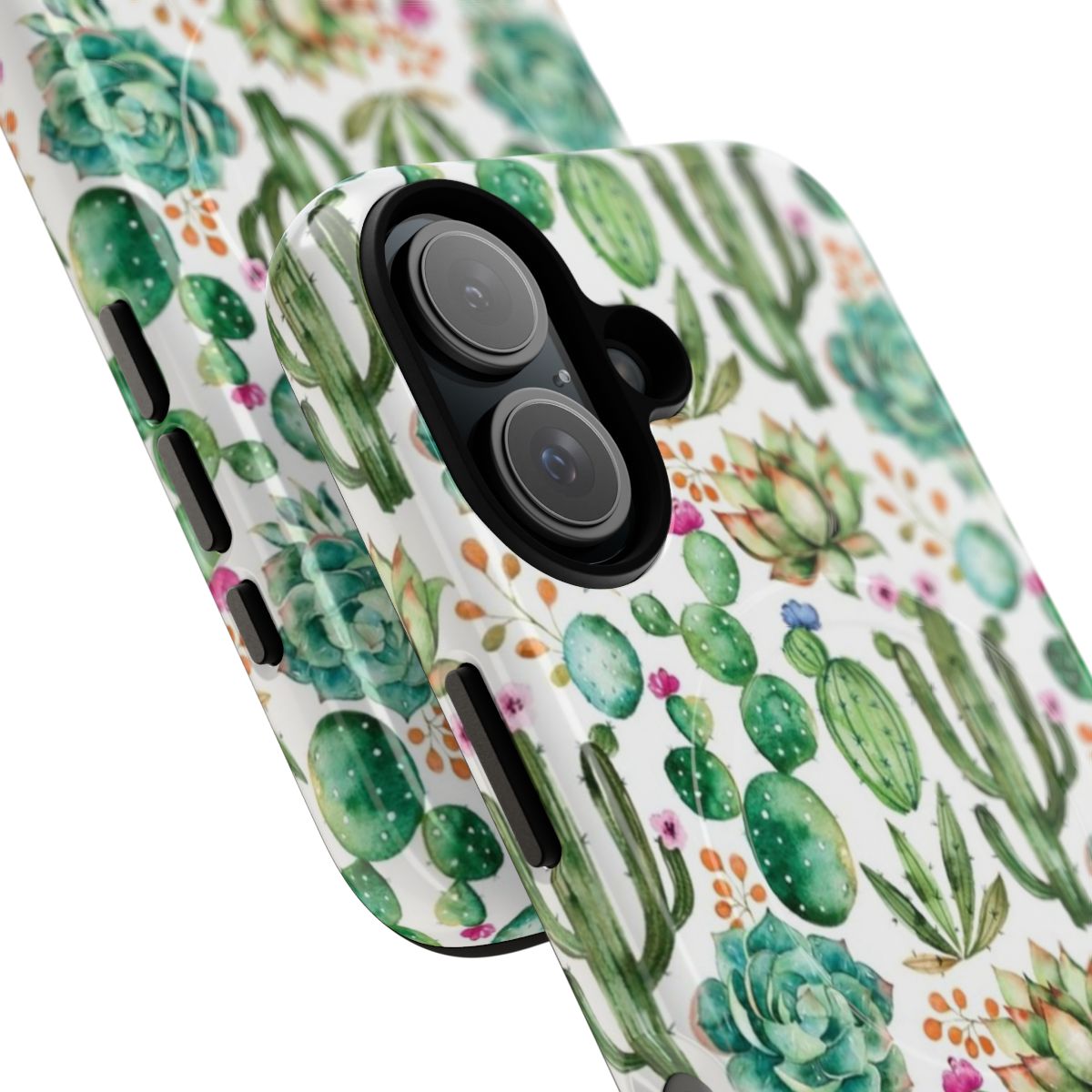 Watercolor cactus pattern phone case with magnetic closure and impact-resistant design - Detail