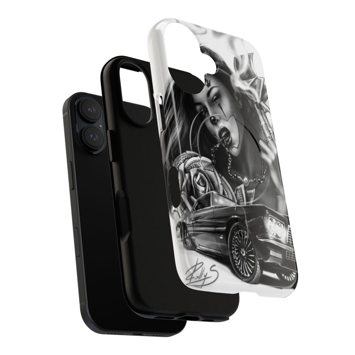 Magnetic phone case with Chicano style skull and tattoo graphic design - Layers