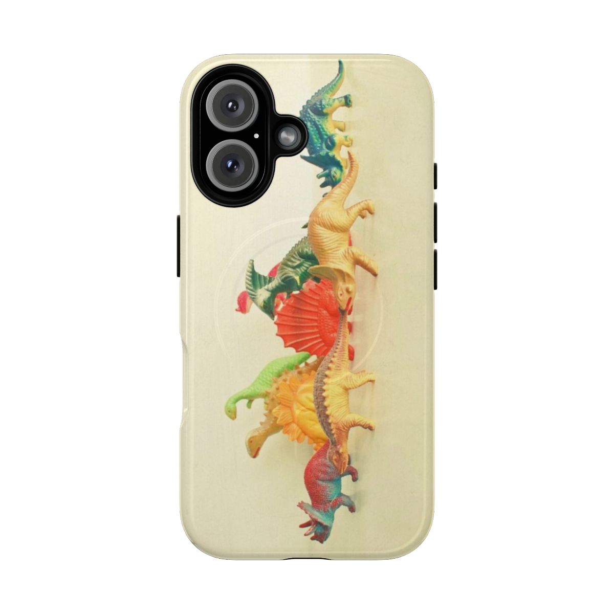 Illustration of a colorful, whimsical dinosaur design on a protective phone case